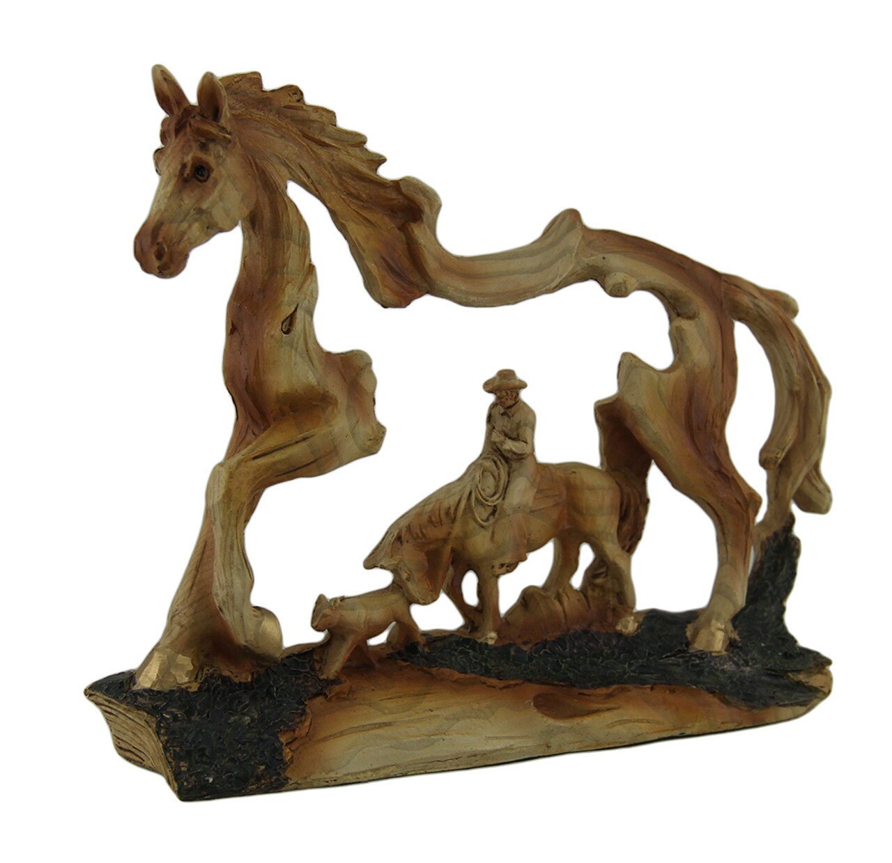 The Wrangler Cowboy In Horse Faux Carved Wood Openwork Statue
